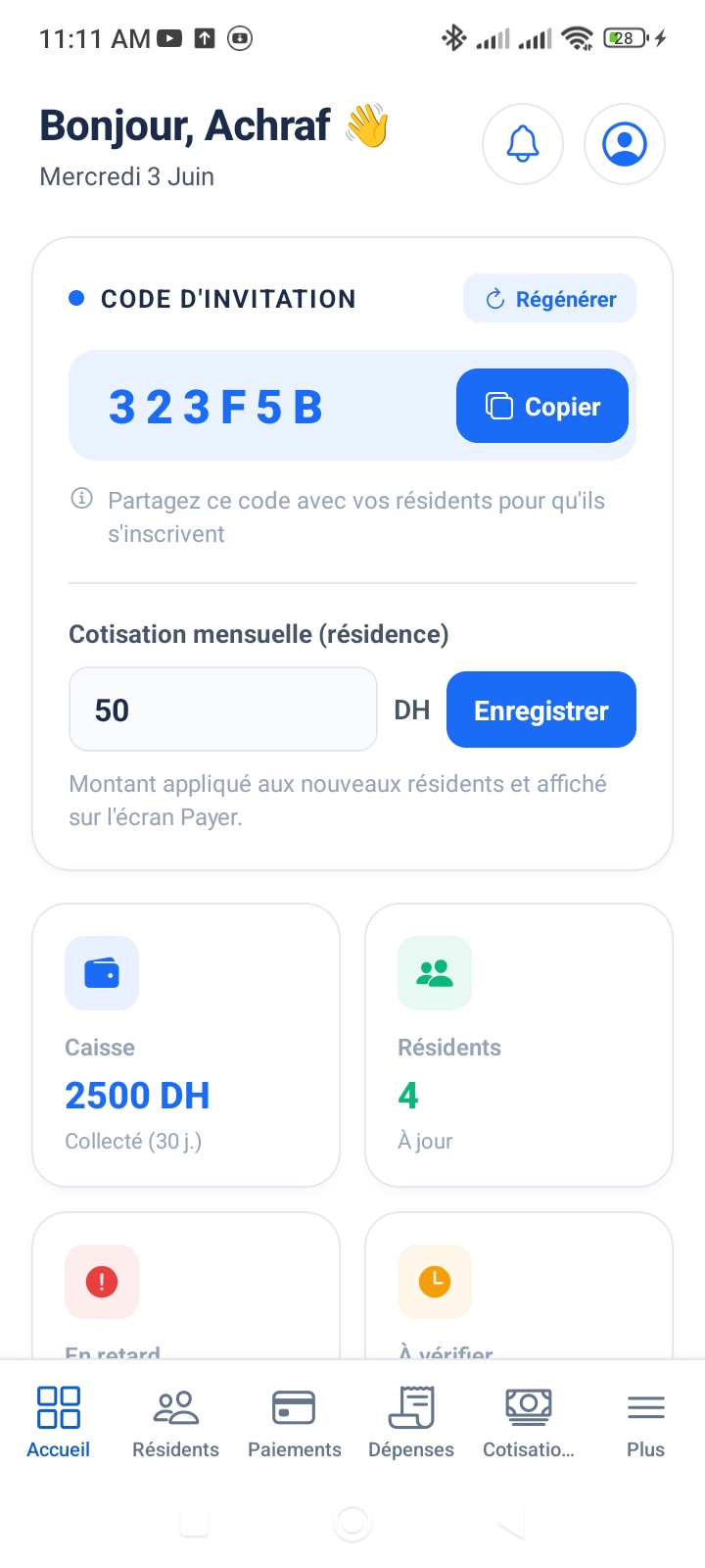 Aperçu du tableau de bord Sahl Syndic sur mobile